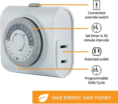 GE Indoor Plug-In 24-Hour Mechanical Timer, 2 Pack, White