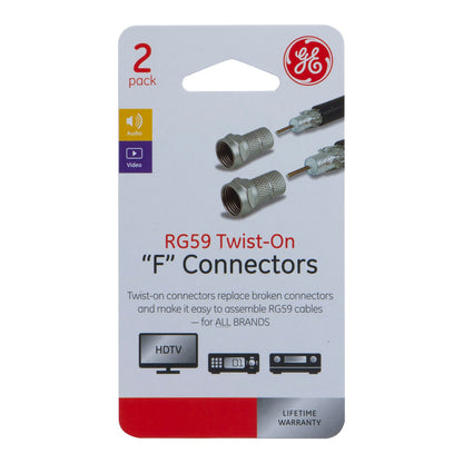 GE RG59 Twist-On F Connectors, Silver, 2 Pack