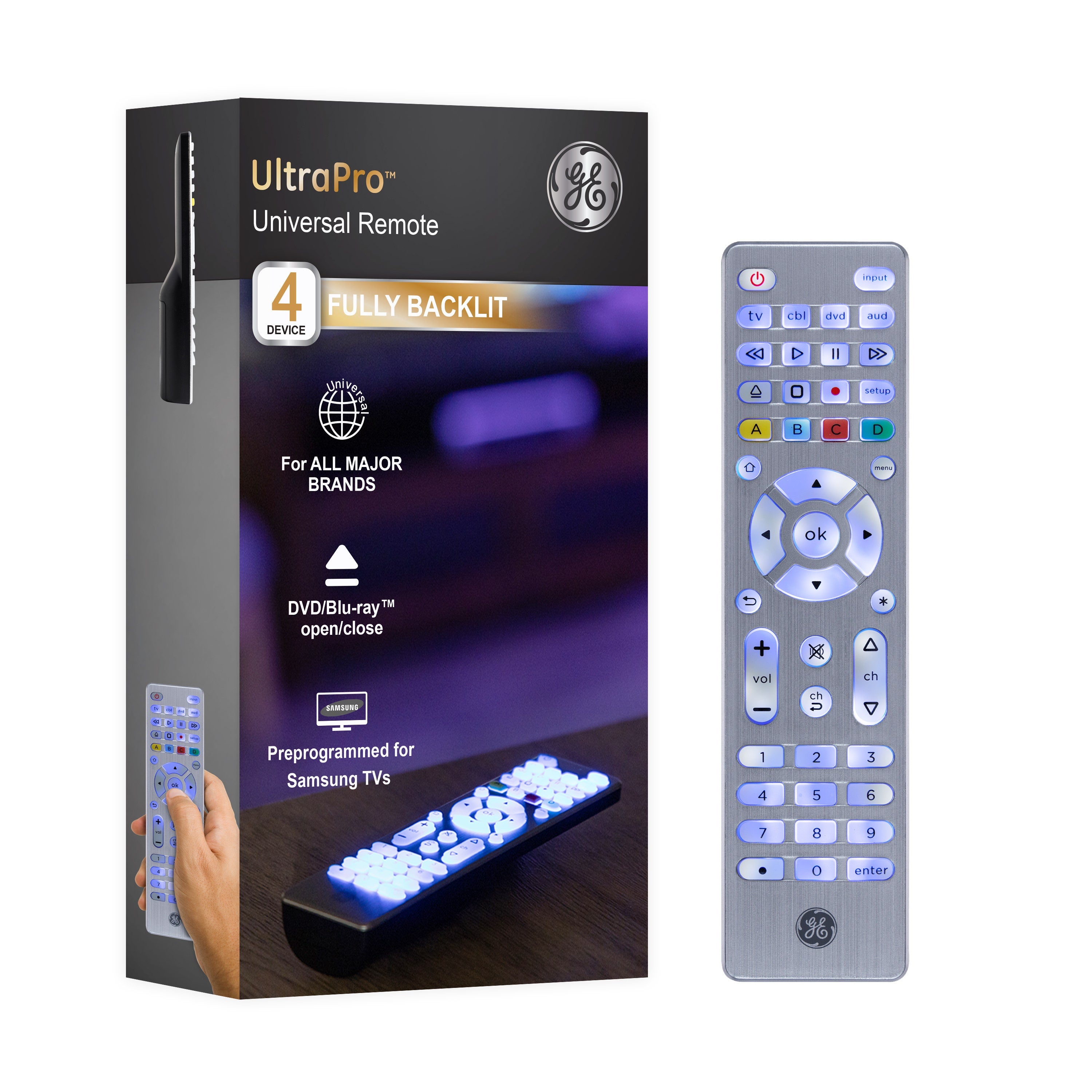 GE 4-Device Backlit Universal Remote, Brushed Silver