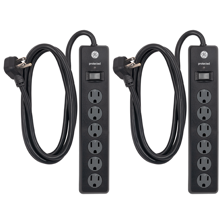 GE 6-Outlet 6ft. Surge Protector with Twist-to-Close Safety Outlets, 2 Pack, Black