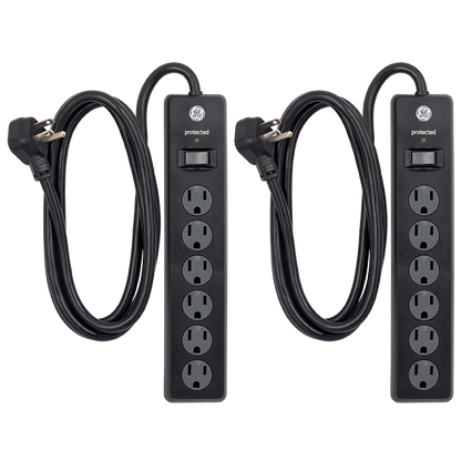 GE 6-Outlet 6ft. Surge Protector with Twist-to-Close Safety Outlets, 2 Pack, Black