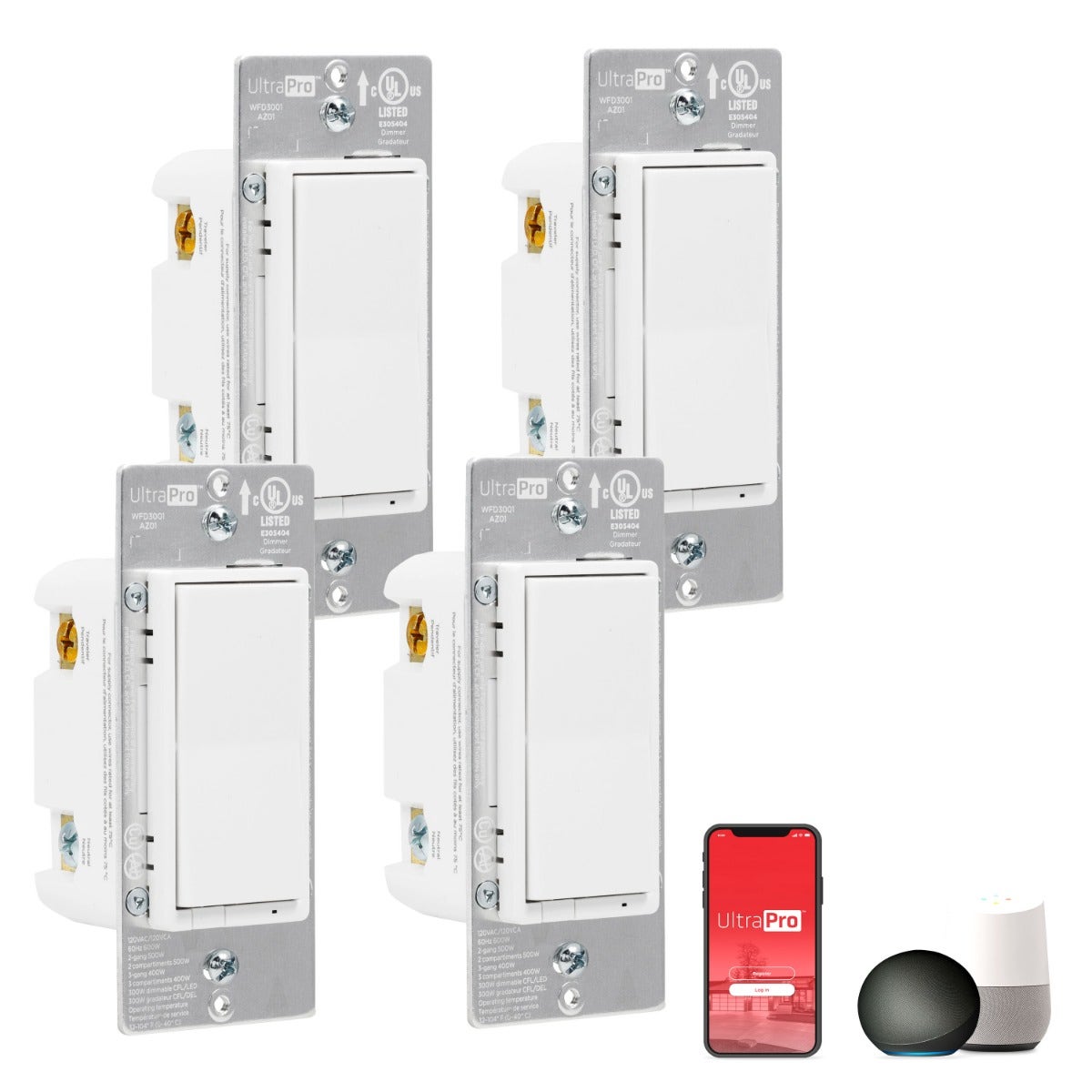 UltraPro WiFi In-Wall Smart Dimmer With QuickFit™ And SimpleWire™, 4 Pack, White
