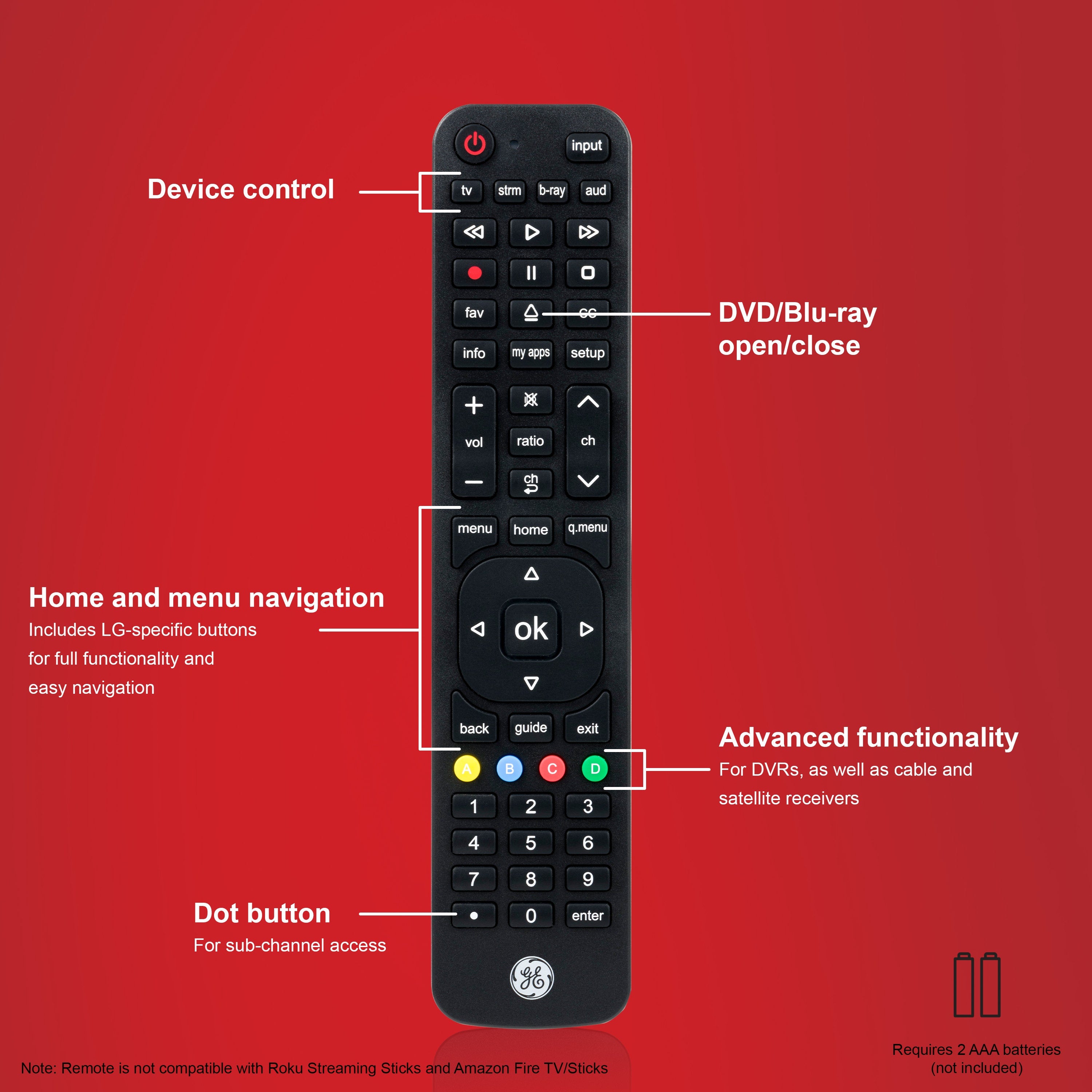 GE 4-Device Universal LG Replacement Remote, Black