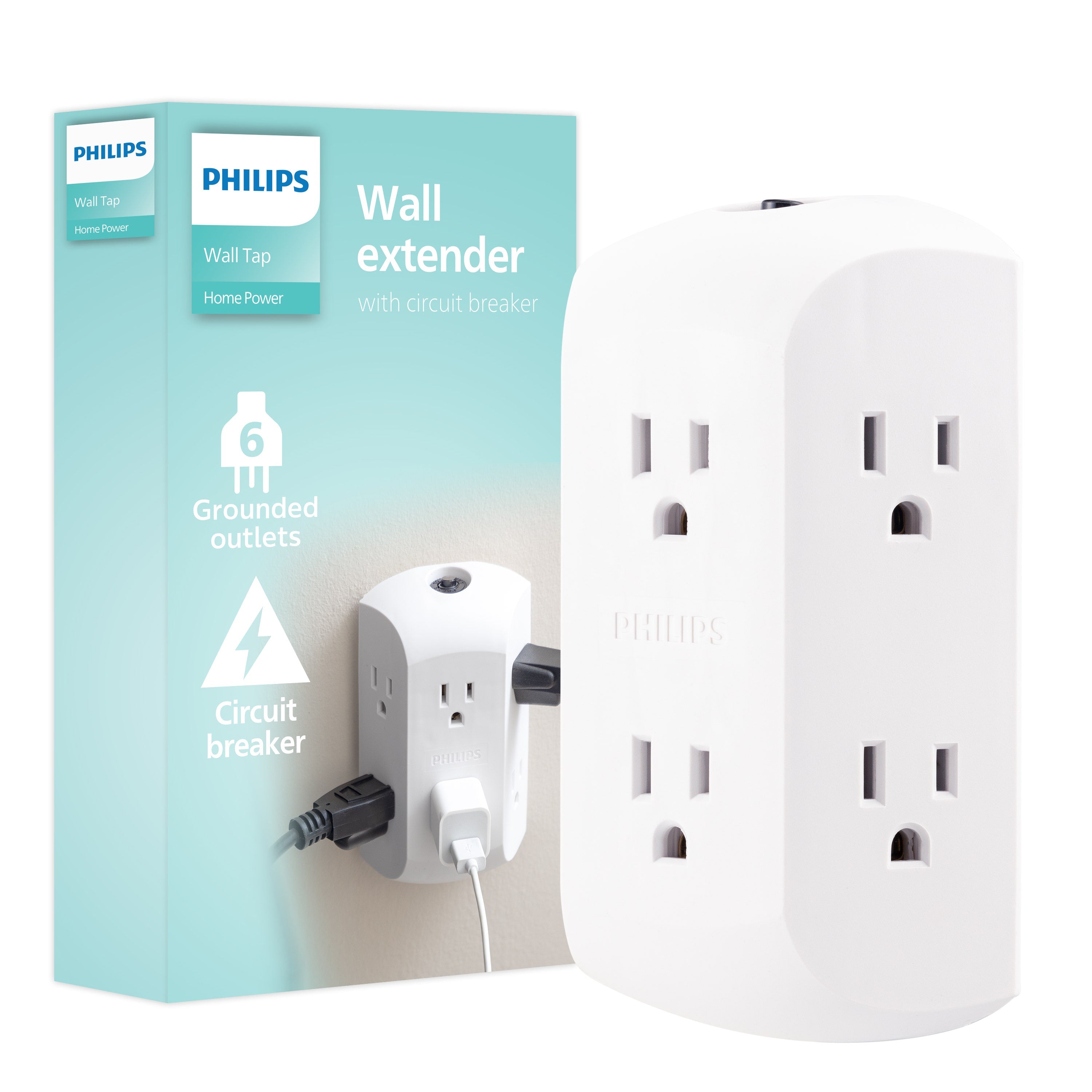 Philips 6-Outlet Wall Tap with Resettable Circuit Breaker, White