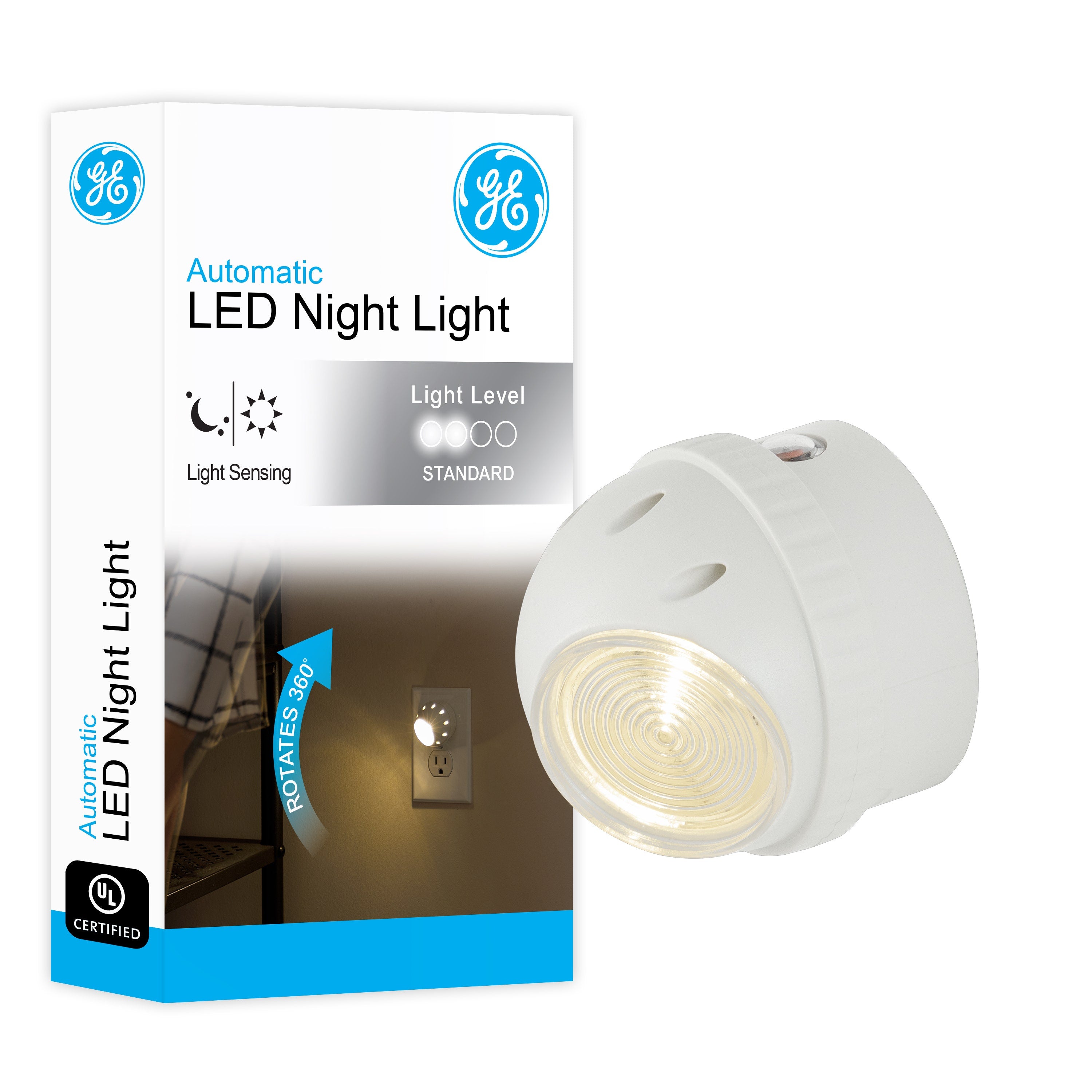 GE Light Sensing Rotating LED Night Light, White