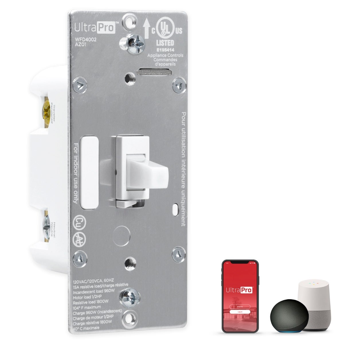 UltraPro WiFi In-Wall Smart Toggle Switch With QuickFit™ And SimpleWire™, White