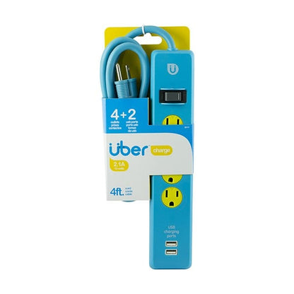 Uber 4-Outlet 2-USB 4ft. Power Strip, Blue/Yellow