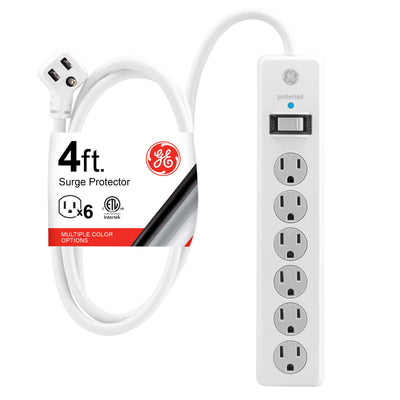 GE 6-Outlet 4ft. Surge Protector with Twist-to-Close Safety Covers, White