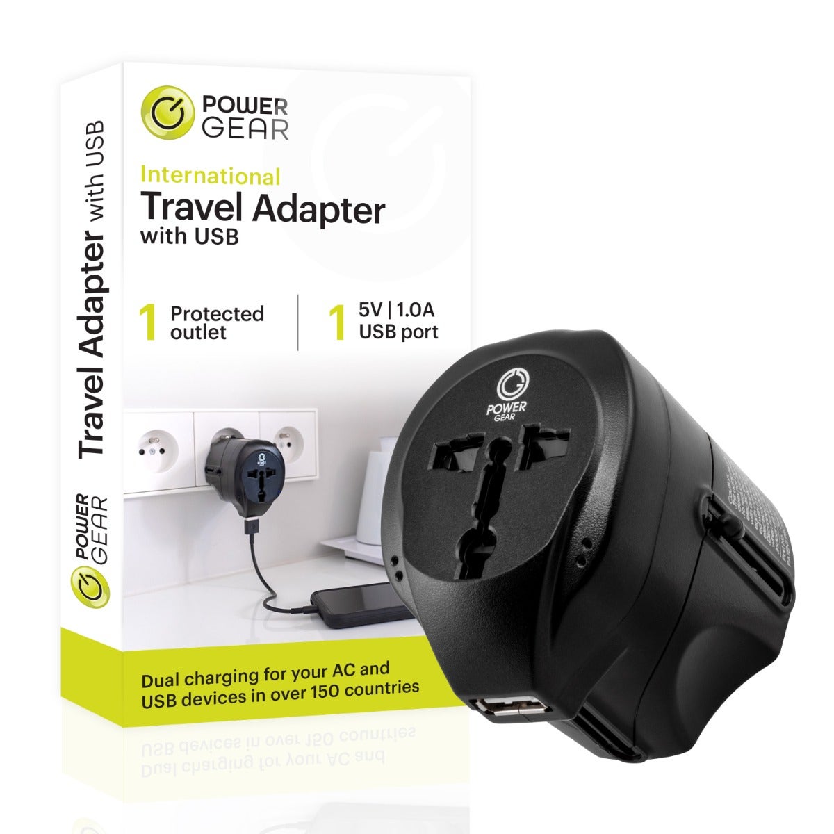 Power Gear International Travel Adapter with USB Passive Connector, Black
