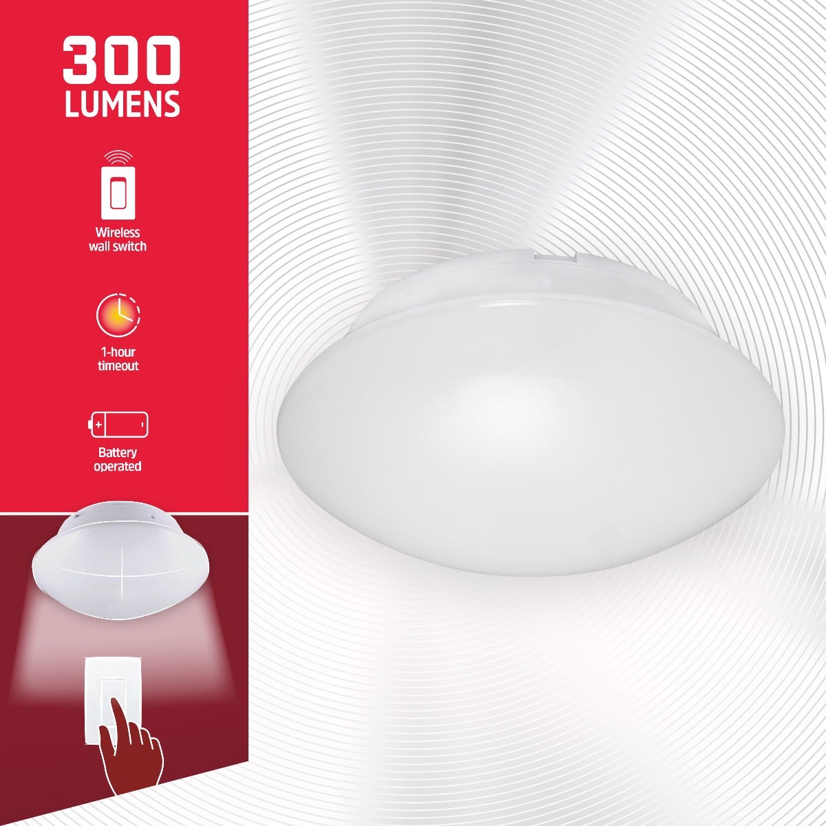 Energizer Battery Operated LED Ceiling Fixture with Wall Switch, White