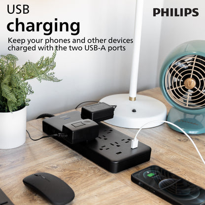 Philips 10-Outlet 6ft. 2 USB-A Surge Protector With Adapter-Spaced Outlets, Black