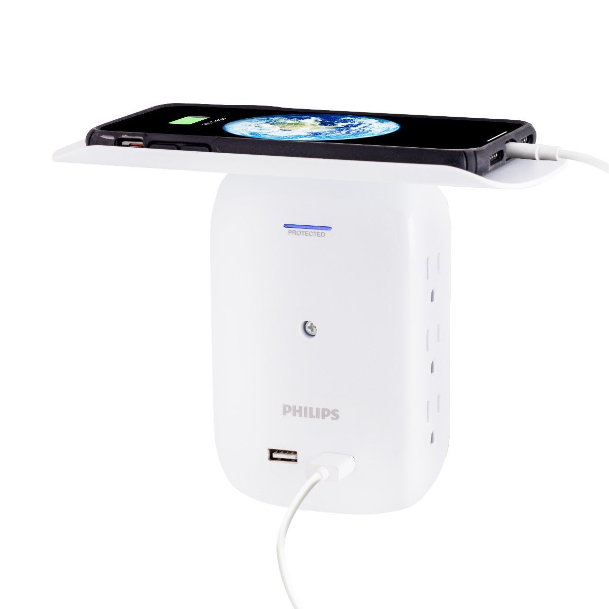 Philips 6-Outlet 2-USB Wall Tap with Surge Protection and Device Shelf, White
