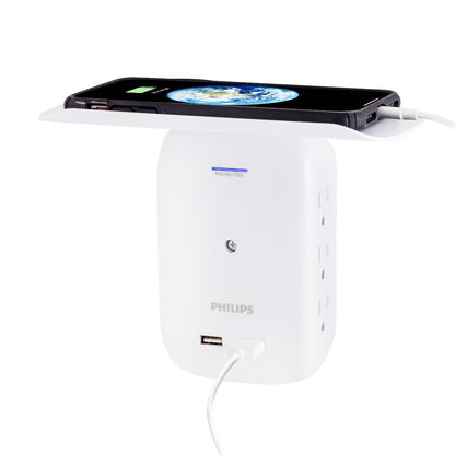 Philips 6-Outlet 2-USB Wall Tap with Surge Protection and Device Shelf, White