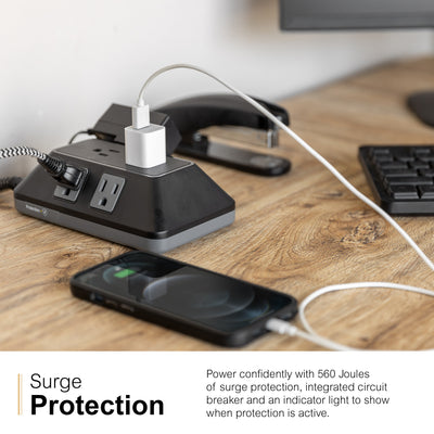 GE 6-Outlet Surge Protector With Adapter-Spaced Outlets, 6ft. Braided Cord, Black