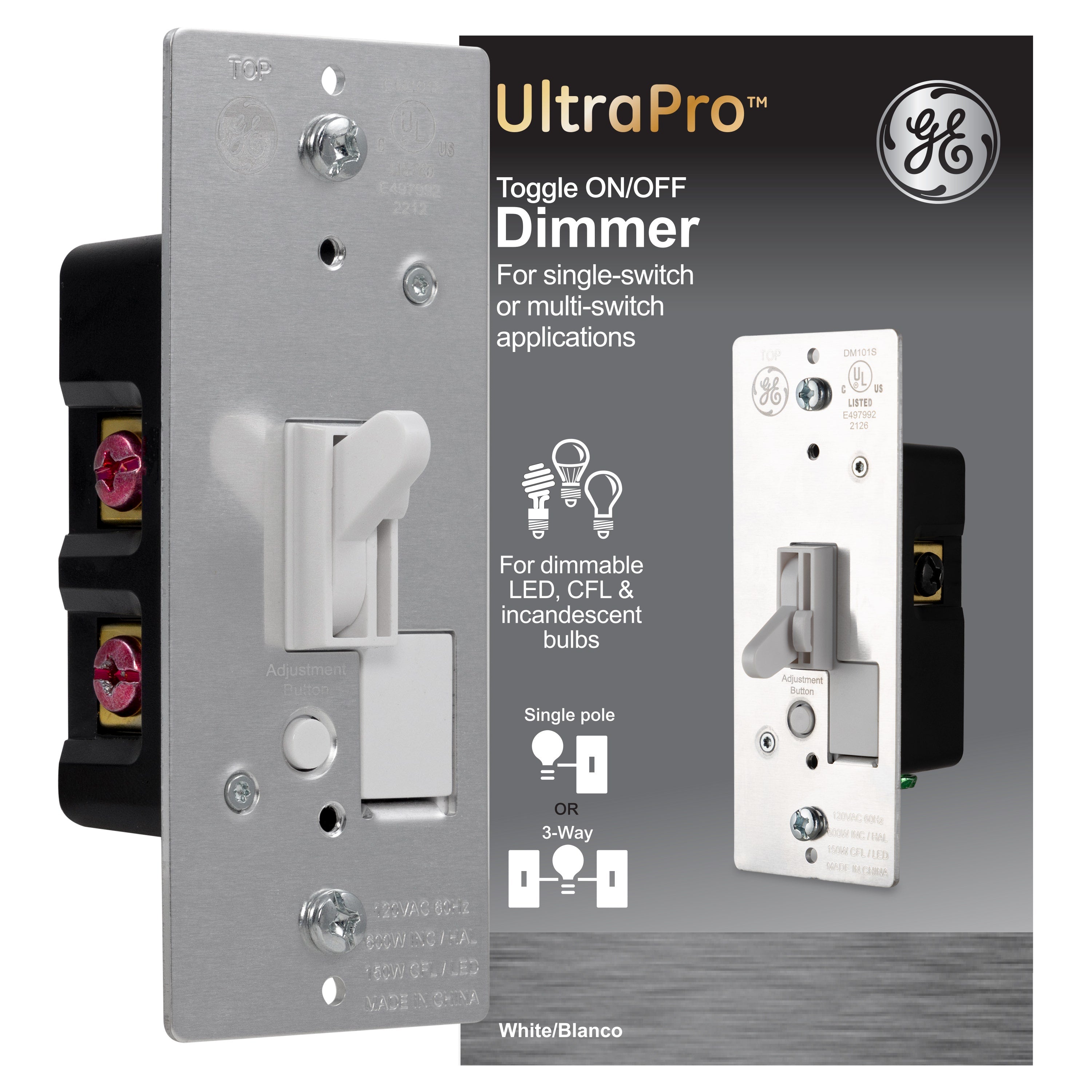 GE UltraPro On/Off Single Pole Toggle Dimmer, White