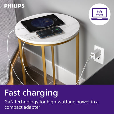 Philips AC Charger, 1 USB-A, 2 USB-C Port, GaN, 65W, White