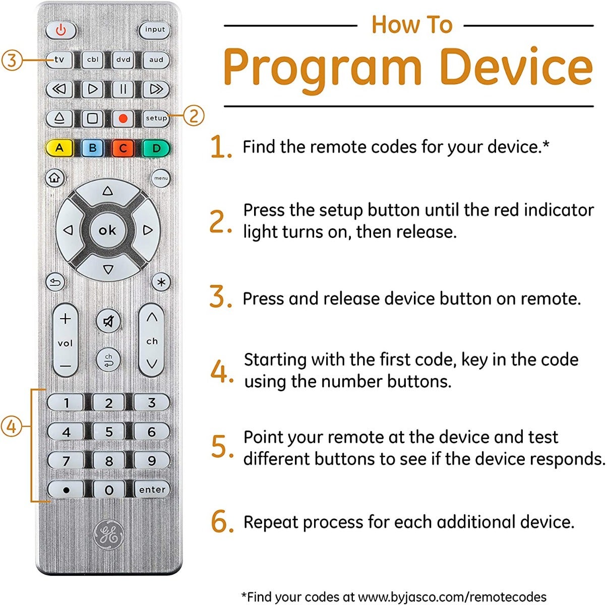 GE 4-Device Backlit Universal Remote, Brushed Silver