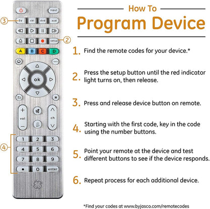 GE 4-Device Backlit Universal Remote, Brushed Silver