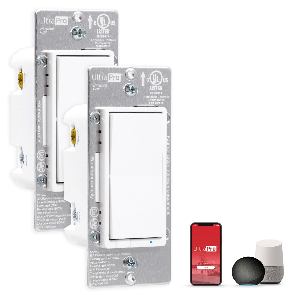 UltraPro WiFi In-Wall Smart Switch With QuickFit™ And SimpleWire™, 2 Pack, White