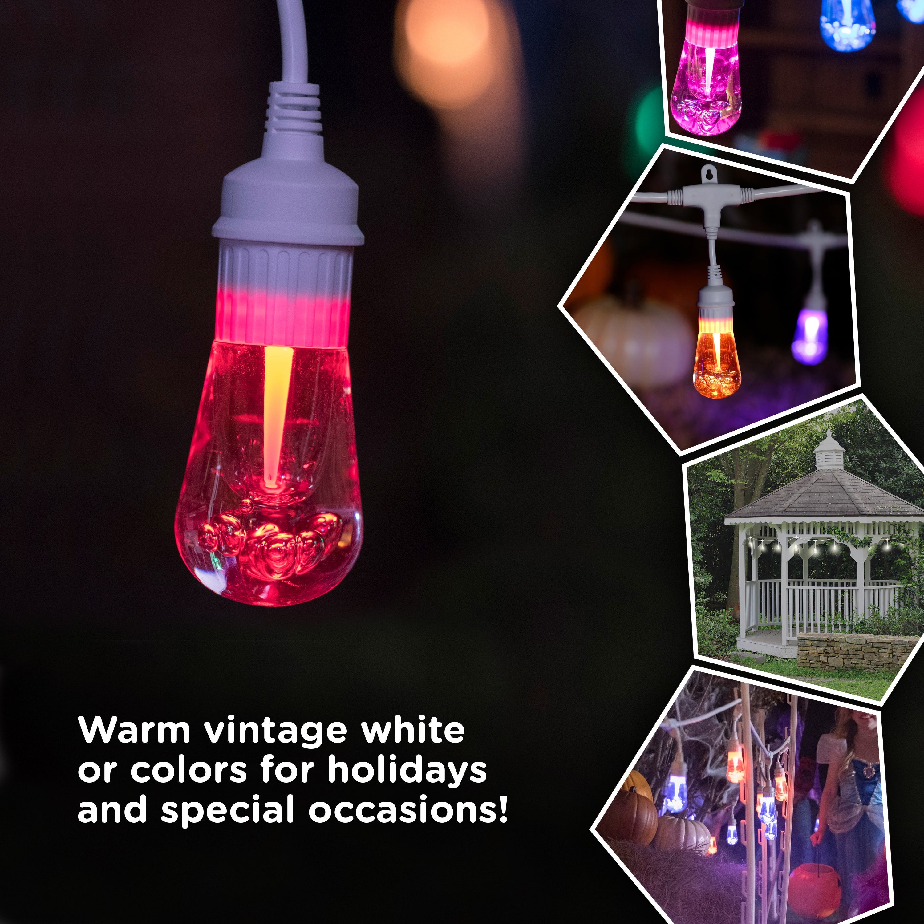 Enbrighten Seasons Color-Changing Vintage LED Cafe Lights,12 Bulbs, 24ft. White Cord