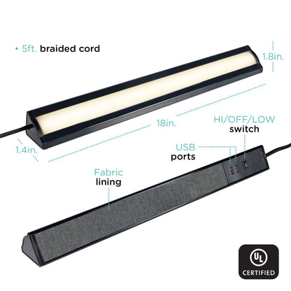 Cordinate 18in. Plug-In LED Light Fixture with 2-USB Fabric Charging Station and Braided Cord, Black