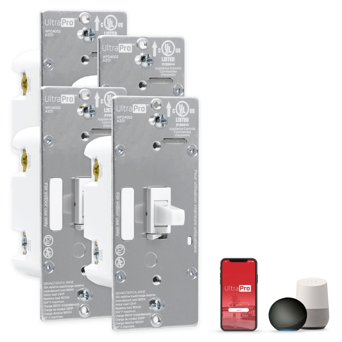 UltraPro WiFi In-Wall Smart Toggle Switch With QuickFit™ And SimpleWire™, 4 Pack, White