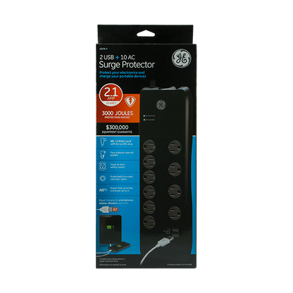 GE 10-Outlet 2-USB 6ft. Surge Protector With Twist-To-Close Safety Covers, Black
