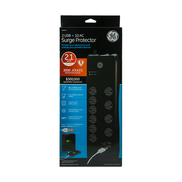 GE 10-Outlet 2-USB 6ft. Surge Protector With Twist-To-Close Safety Covers, Black
