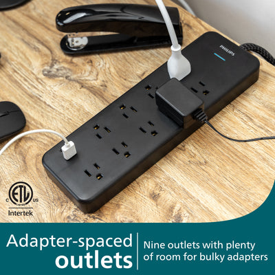 Philips 9-Outlet 6ft. 1 USB-A 1 USB-C Surge Protector With Adapter-Spaced Outlets, Black
