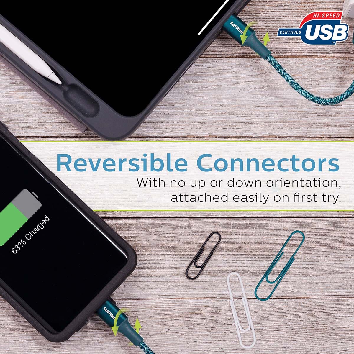 Philips 6in. USB-C to USB-C Braided Charging Cable, Emerald