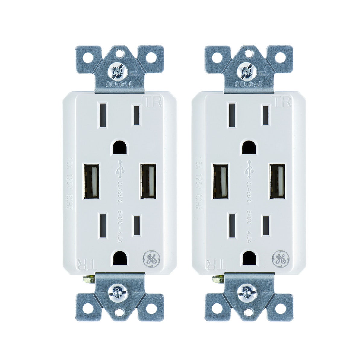 GE UltraPro 2-Outlet 2-USB Charging Tamper Resistant Receptacle, 2 Pack, White