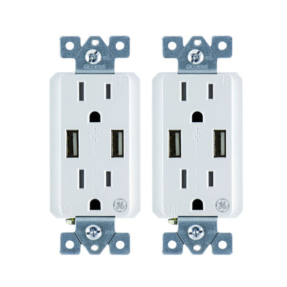 GE UltraPro 2-Outlet 2-USB Charging Tamper Resistant Receptacle, 2 Pack, White