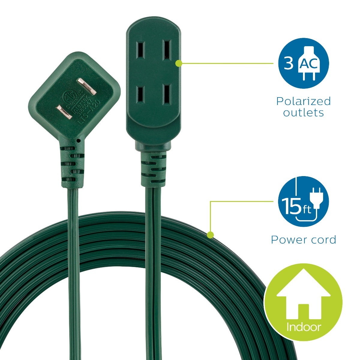 Philips 3-Outlet 15ft. Extension Cord with Flat Plug, Green