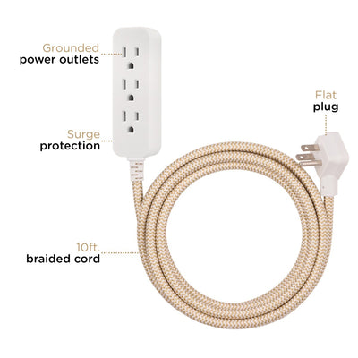 Cordinate 3-Outlet 10ft. Braided Extension Cord with Surge Protection, White/Tan