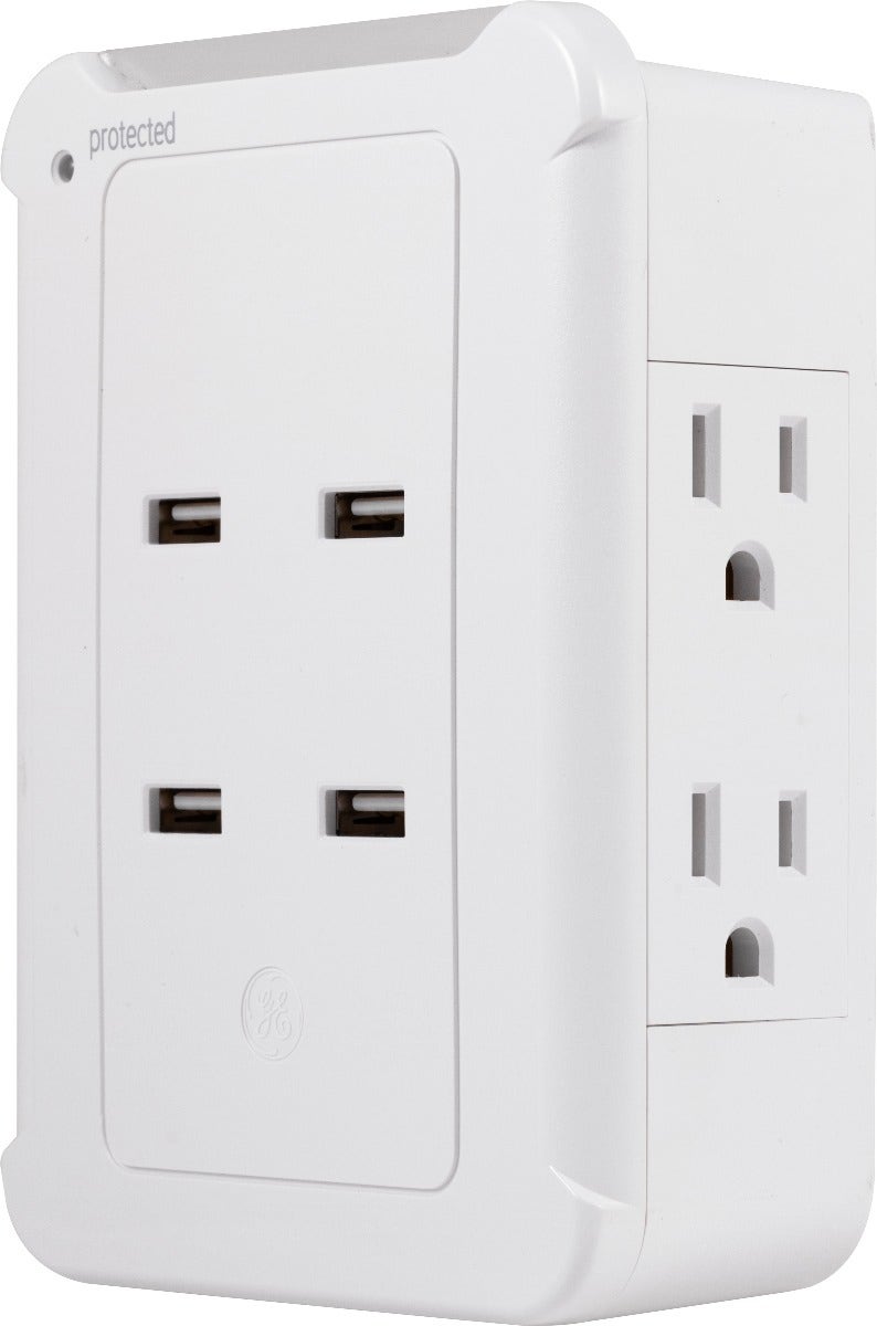 GE 4-Outlet 4-USB Surge Tap with Eye Indicator, White