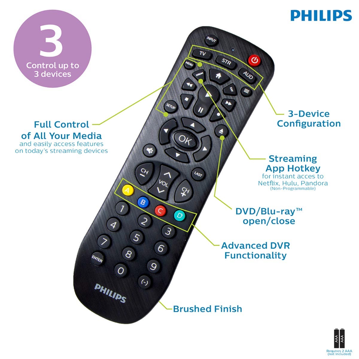 Philips 3-Device Universal Remote, Brushed Black