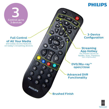 Philips 3-Device Universal Remote, Brushed Black