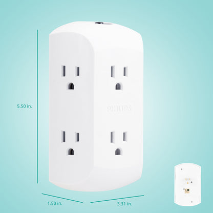 Philips 6-Outlet Wall Tap with Resettable Circuit Breaker, White