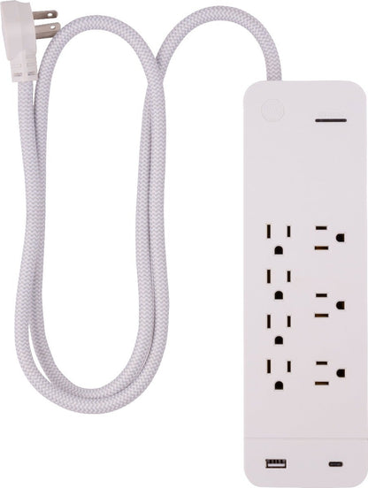 GE 7-Outlet 2-USB 4ft. Surge Protector with USB-C and Braided Cord, White