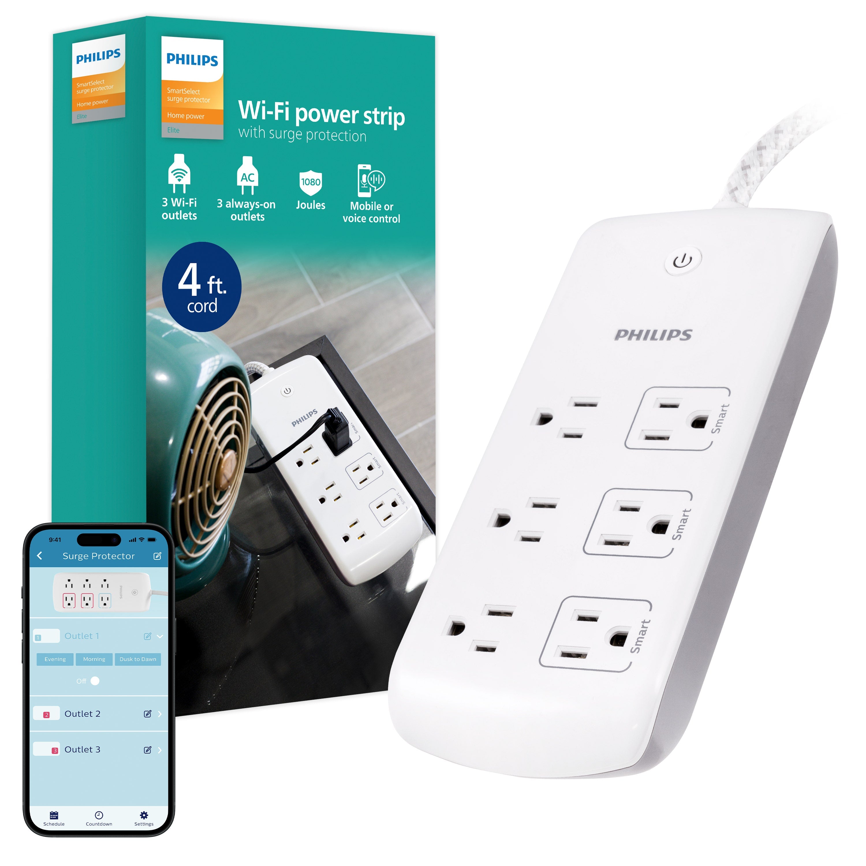 Philips 6-Outlet 4ft. WiFi Braided Extension Cord with Surge Protection, White