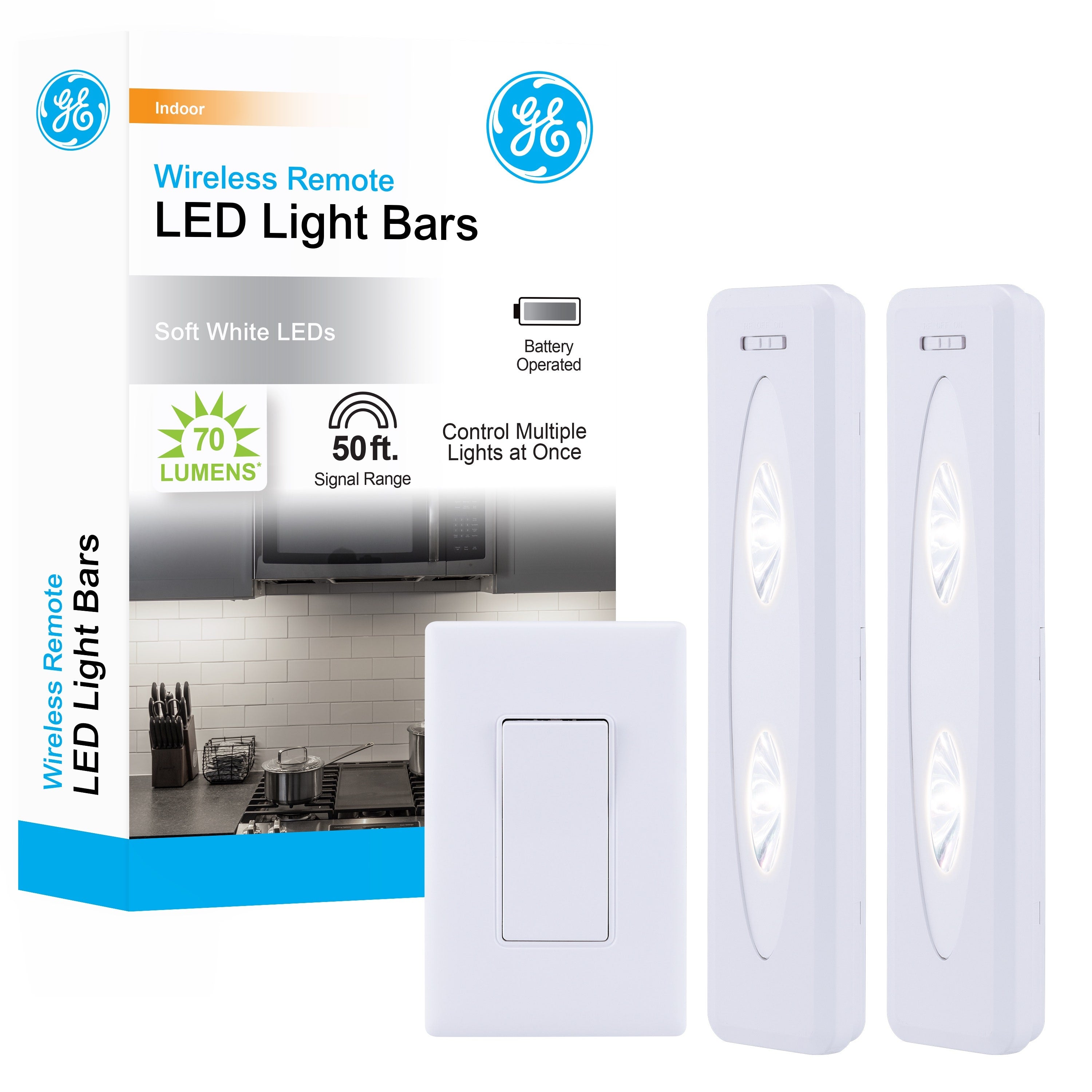 GE Battery Operated LED Light Bars with Remote, White, 2 Pack