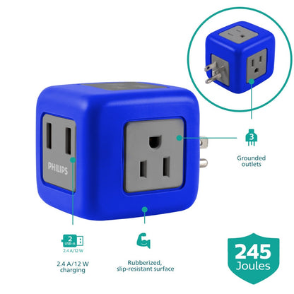 Philips 3-Outlet 2-USB Wall Tap with Surge Protection, Blue/Gray