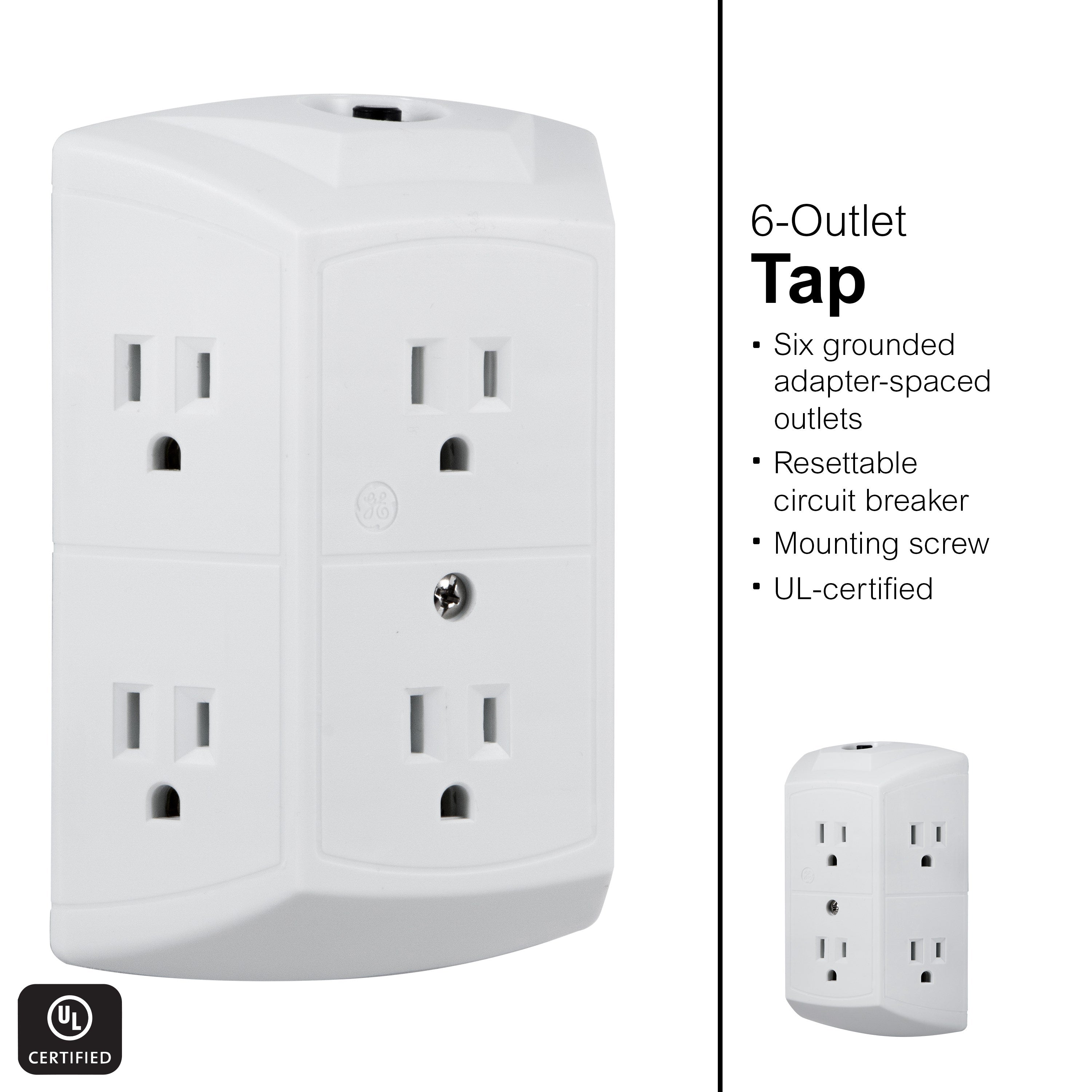 GE 6-Outlet Wall Tap with Resettable Circuit Breaker, White