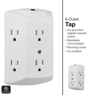 GE 6-Outlet Wall Tap with Resettable Circuit Breaker, White