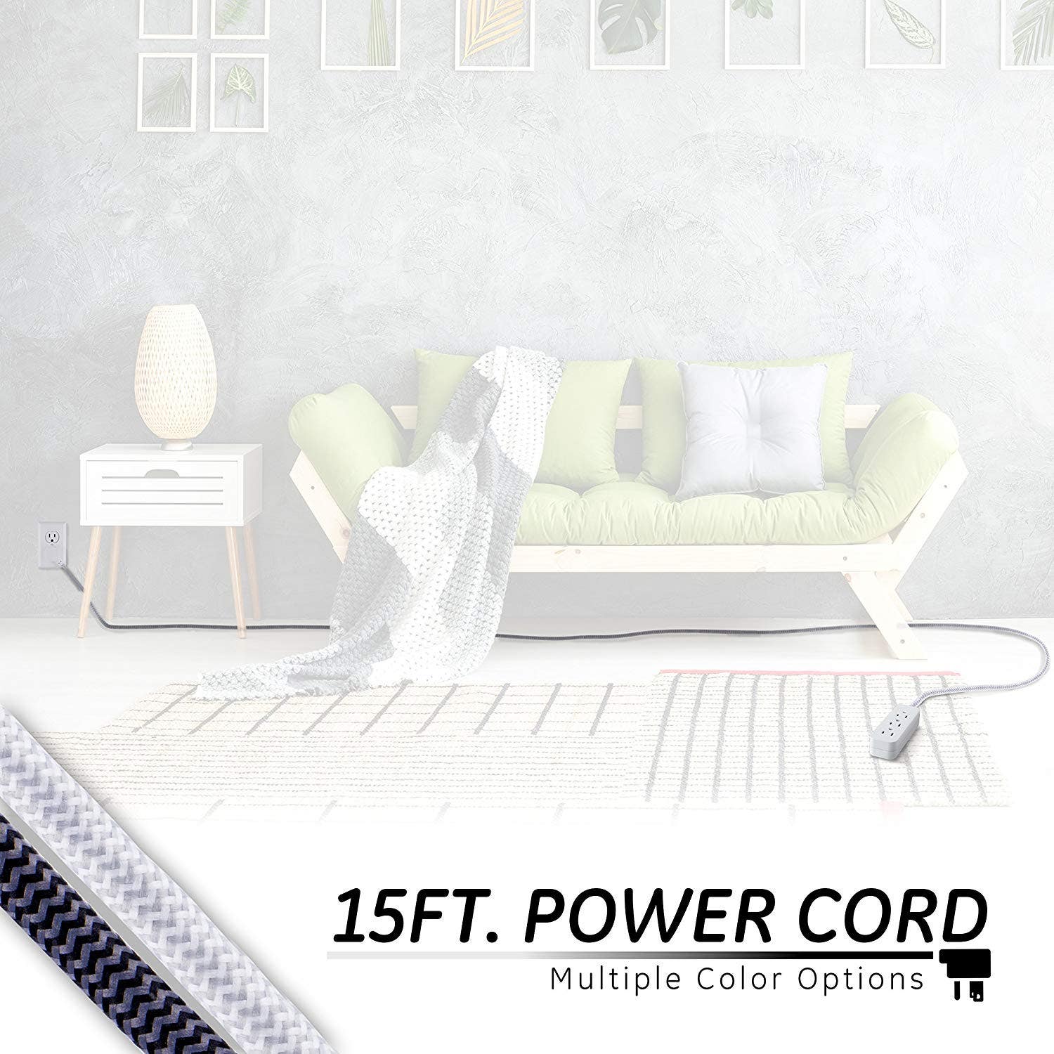 GE Pro 3-Outlet 15ft. Braided Extension Cord, Gray/White