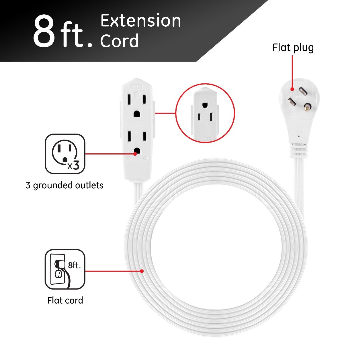 GE 3-Outlet 8ft. Extension Cord with Right-Angle Plug, 2 Pack, White