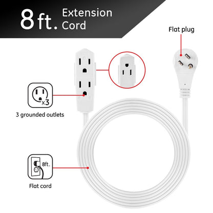 GE 3-Outlet 8ft. Extension Cord with Right-Angle Plug, 2 Pack, White