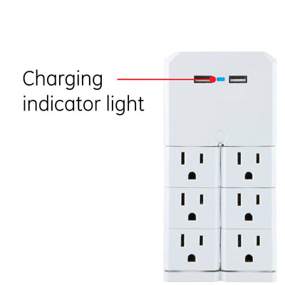 GE 6-Outlet 2-USB Wall Tap with Surge Protection and Swivel Outlets, White