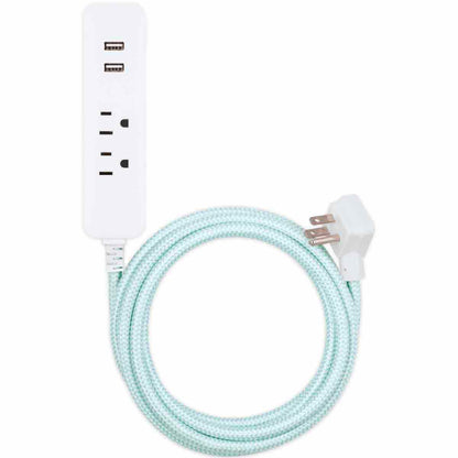 Cordinate 2-Outlet 2-USB Charging Braided Extension Cord with Surge Protection, 10ft., White/Mint