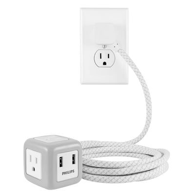 Philips 3-Outlet 2-USB 10ft. Extension Cord with Rubberized Cube, Gray/White